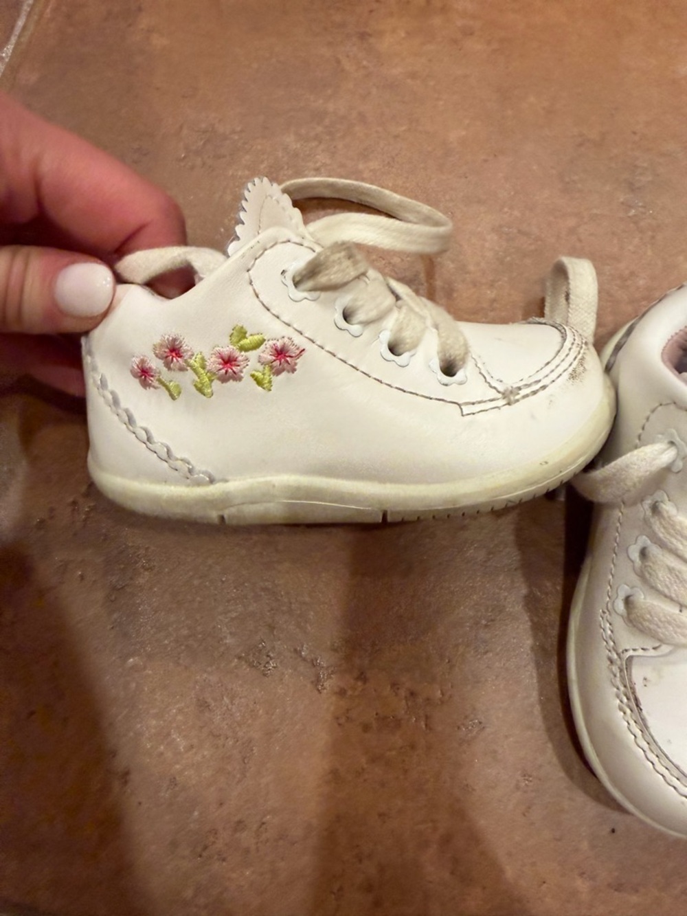 Stride Rite White Toddler Lace-Up Sneakers with Pink Floral Embroidery